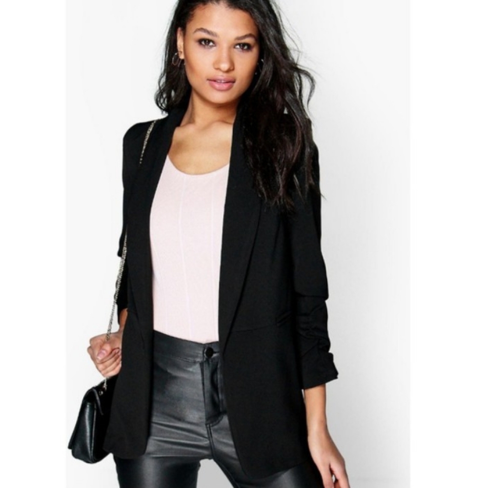 Boohoo Blazer Jacket Ruched Sleeve Open Front Collared Black Size 22